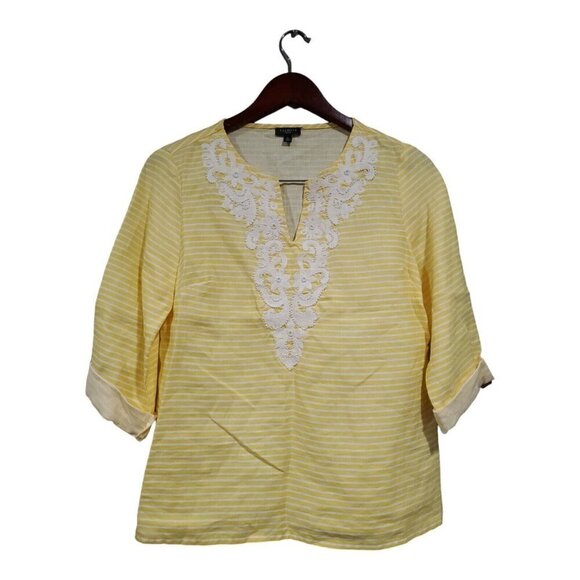 Talbots Womens Linen Beaded Applique Top Yellow White Striped V Neck Sz S Petite - Picture 1 of 14